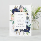 Nautical Flowers Navy Blue en Blush Pink Wedding Kaart (Staand voorkant)