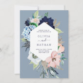 Nautical Flowers Navy Blue en Blush Pink Wedding Kaart (Voorkant)