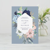 Nautical Flowers Navy Blue en Blush Pink Wedding Kaart (Staand voorkant)
