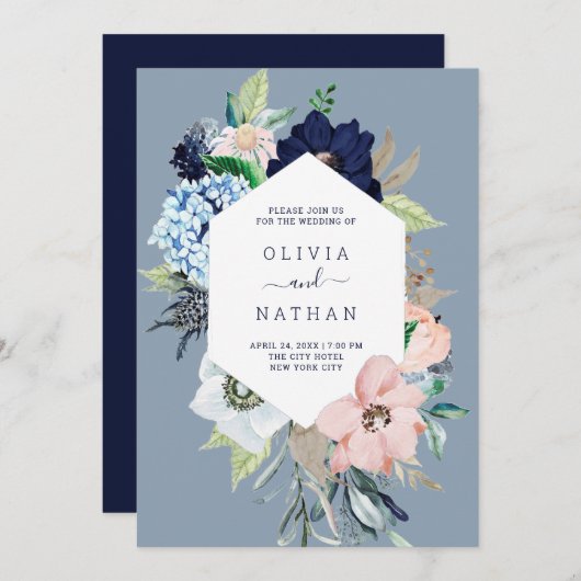 Nautical Flowers Navy Blue en Blush Pink Wedding Kaart (Voorkant / Achterkant)