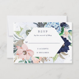 Nautical Flowers Navy Blue en Blush Pink Wedding RSVP Kaartje