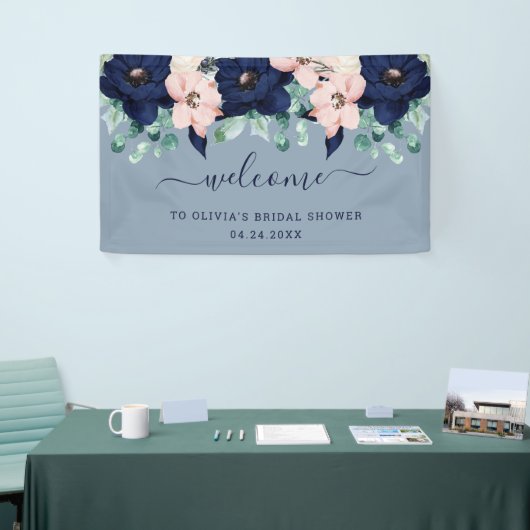 Nautical Flowers Navy Blue en Blush Pink Welkom Spandoek (Beurs)