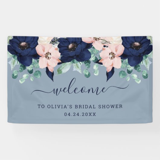 Nautical Flowers Navy Blue en Blush Pink Welkom Spandoek (Horizontaal)