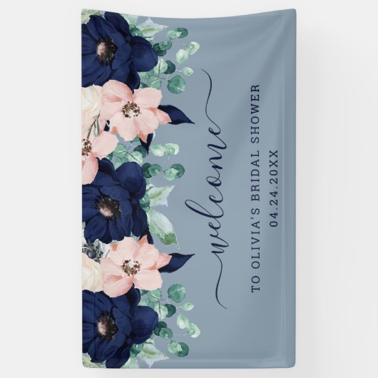 Nautical Flowers Navy Blue en Blush Pink Welkom Spandoek (Verticaal)