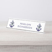 Nautical Flowers | Navy Blue Floral Anchor Bureau Naambordje (Voorkant)