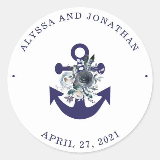 Nautical Flowers | Navy Blue Floral Anchor Ronde Sticker (Voorkant)
