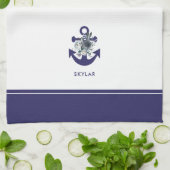 Nautical Flowers | Navy Blue Floral Anchor Theedoek (Gevouwen)