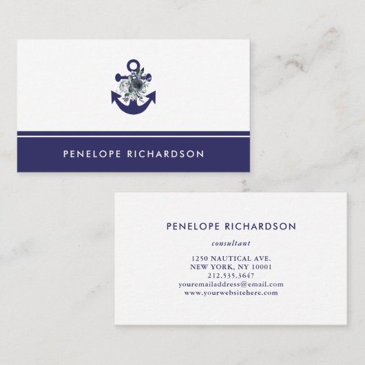 Nautical Flowers | Navy Blue Floral Anchor Visitekaartje (Voorkant / Achterkant)