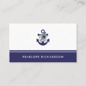 Nautical Flowers | Navy Blue Floral Anchor Visitekaartje (Voorkant)