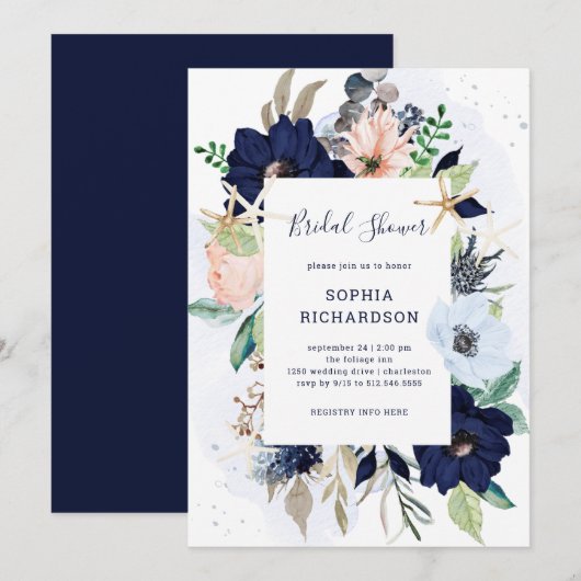 Nautical Flowers | Navy Blue Vrijgezellenfeest Kaart (Voorkant / Achterkant)
