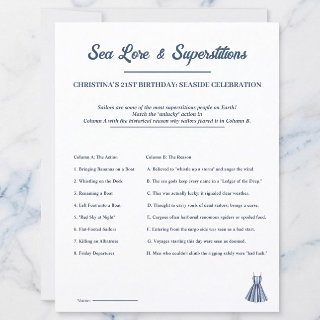 Nautical Game Sheet: Sea Lore & Superstitions (Nautical sea lore party fun.)