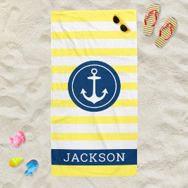 Nautical gele streep anker monogram naam strandlaken