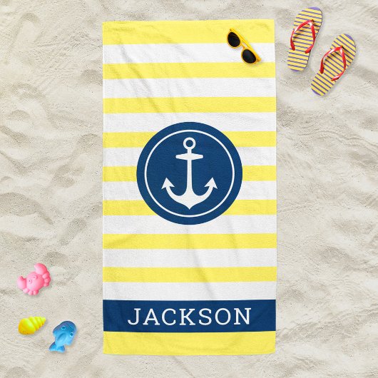 Nautical gele streep anker monogram naam strandlaken