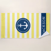 Nautical gele streep anker monogram naam strandlaken (Voorkant)