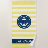 Nautical gele streep anker monogram naam strandlaken (Voorkant)