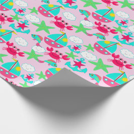 Nautical Gift Wrap Blauwe Roze Gele Groene Krabben Cadeaupapier