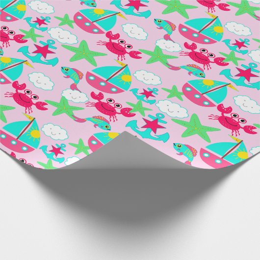 Nautical Gift Wrap Blauwe Roze Gele Groene Krabben Cadeaupapier (Hoek)