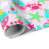 Nautical Gift Wrap Blauwe Roze Gele Groene Krabben Cadeaupapier (Rol Hoek)