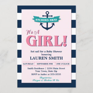 Nautical Girl Anchor Baby shower Invitation Card Kaart