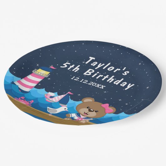 Nautical Girl Beer Pink and Navy Birthday Party Papieren Bordje (Gekanteld)