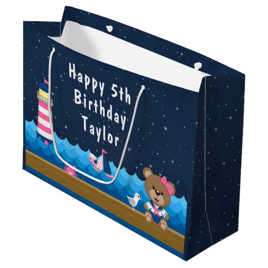 Nautical Girl Beer Pink and Navy Happy Birthday Groot Cadeauzakje (Voorkant Gekanteld)