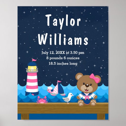 Nautical Girl Beer Pink Navy Birth Statistics Poster (Voorkant)