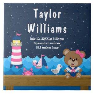 Nautical Girl Beer Pink Navy Birth Statistics Tegeltje