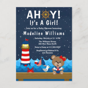 Nautical Girl Beer Red en Navy Baby shower Briefkaart