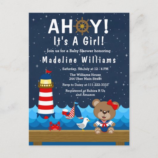 Nautical Girl Beer Red en Navy Baby shower Briefkaart (Voorkant)