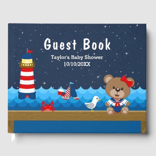Nautical Girl Beer Red en Navy Baby shower Gastenboek (Voorkant)