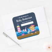 Nautical Girl Monkey Pink and Navy Baby Bookplate Vierkante Sticker (Envelop)