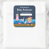 Nautical Girl Monkey Pink and Navy Baby Bookplate Vierkante Sticker (Tas)