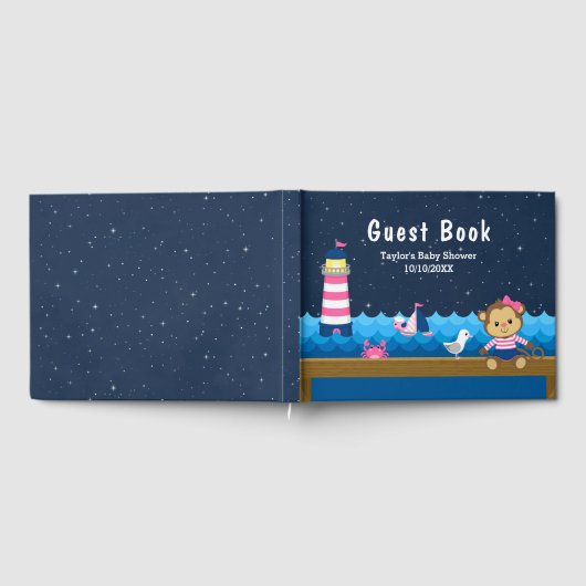 Nautical Girl Monkey Pink and Navy Baby shower Gastenboek (Volledig)