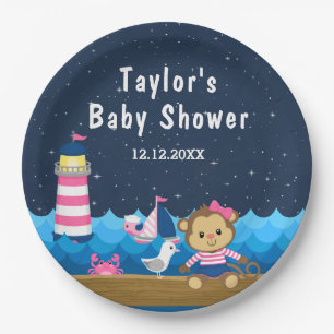 Nautical Girl Monkey Pink and Navy Baby shower Papieren Bordje