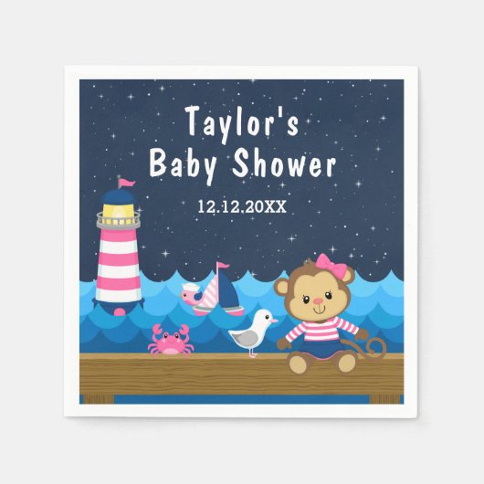 Nautical Girl Monkey Pink and Navy Baby shower Servet (Voorkant)