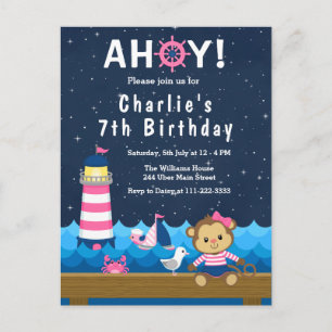 Nautical Girl Monkey Pink and Navy Birthday Party Briefkaart
