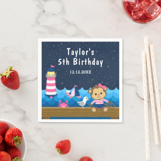 Nautical Girl Monkey Pink and Navy Birthday Party Servet (Insitu)
