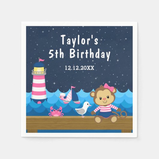 Nautical Girl Monkey Pink and Navy Birthday Party Servet (Voorkant)