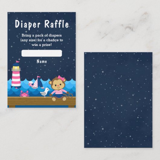 Nautical Girl Monkey Pink and Navy Diaper Raffle Informatiekaartje (Voorkant / Achterkant)