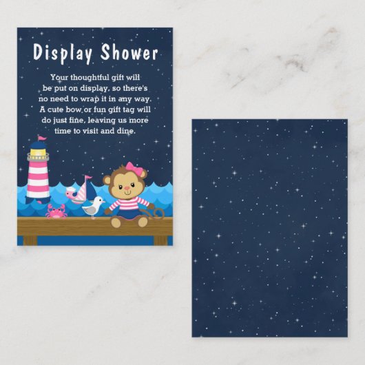 Nautical Girl Monkey Pink and Navy Display Shower Informatiekaartje (Voorkant / Achterkant)