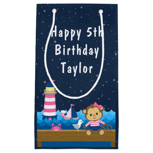 Nautical Girl Monkey Pink and Navy Happy Birthday Klein Cadeauzakje (Voorkant)
