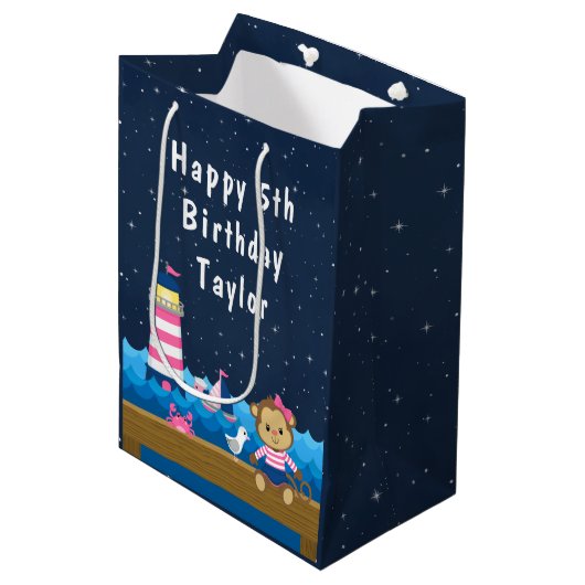Nautical Girl Monkey Pink and Navy Happy Birthday Medium Cadeauzakje (Voorkant Gekanteld)
