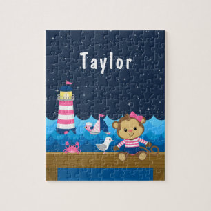 Nautical Girl Monkey Pink and Navy Legpuzzel