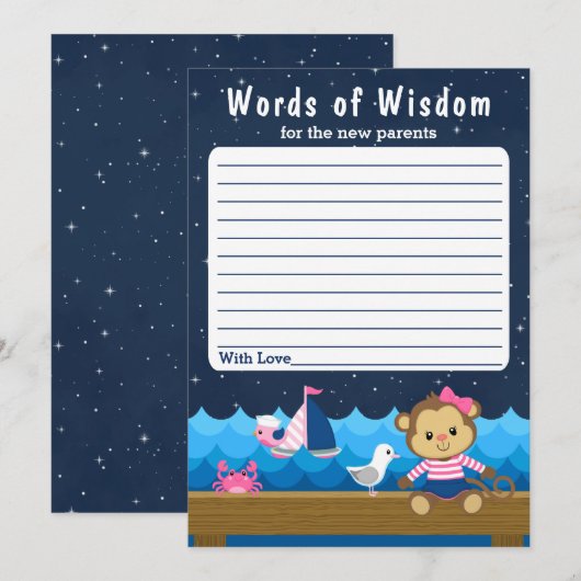 Nautical Girl Monkey Pink and Navy Words of Wisdom Kaart (Voorkant / Achterkant)