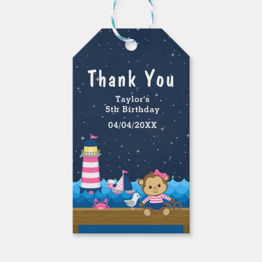 Nautical Girl Monkey Pink Birthday Party Hartelijk Cadeaulabel (Voorkant)