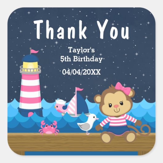 Nautical Girl Monkey Pink Birthday Party Hartelijk Vierkante Sticker (Voorkant)