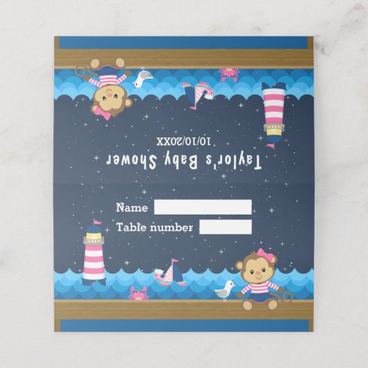 Nautical Girl Monkey Pink Navy Baby shower Seating Plaatskaartje (Buitenkant ongevouwen)