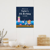 Nautical Girl Monkey Pink Navy Birthday Welkom Poster (Keuken)