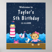 Nautical Girl Monkey Pink Navy Birthday Welkom Poster (Voorkant)