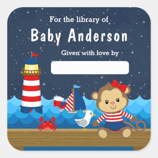 Nautical Girl Monkey Red and Navy Baby Bookplate Vierkante Sticker (Voorkant)